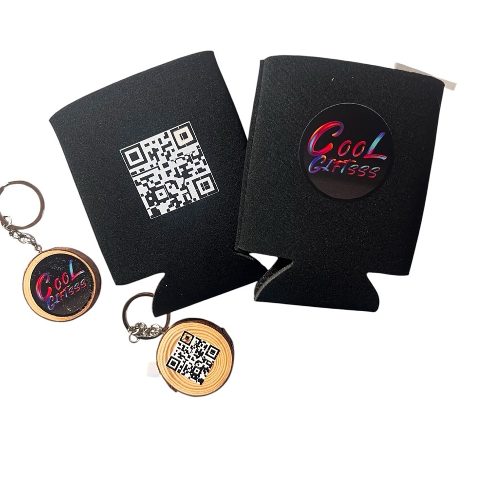 6 gifts customer appreciation 3 Cooler Koozie and 3 keychain with QR